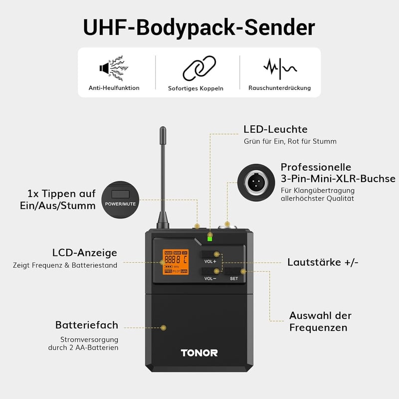 TONOR 4 csatornás UHF vezeték nélküli mikrofon szett, 90m hatótáv, karaokéhoz