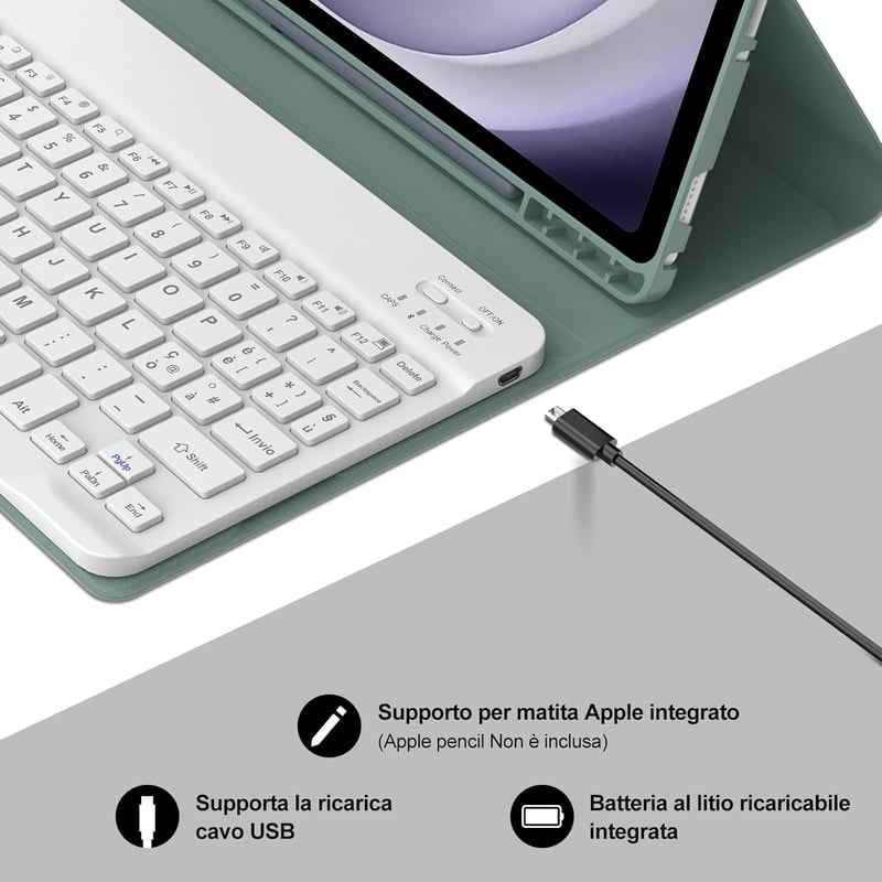 JADEMALL Bluetooth Billentyűzetes Tok Samsung Galaxy Tab A9+/A9 Plus 11" Tablethez, Tolltartóval, Sötétzöld-Fehér, SM-X210/X215/X216/X218 Mo
