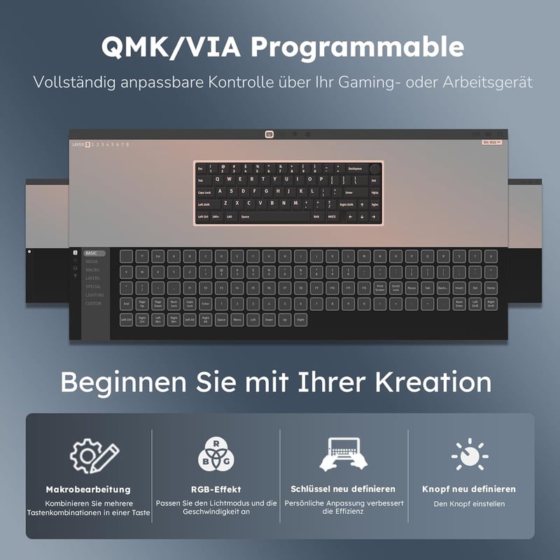 RK ROYAL KLUDGE R65 Mechanikus Billentyűzet Cream Switch - Vezeték Nélküli Bluetooth Gamer Keyboard Kék Színben 3750 mAh Akkumulátorral