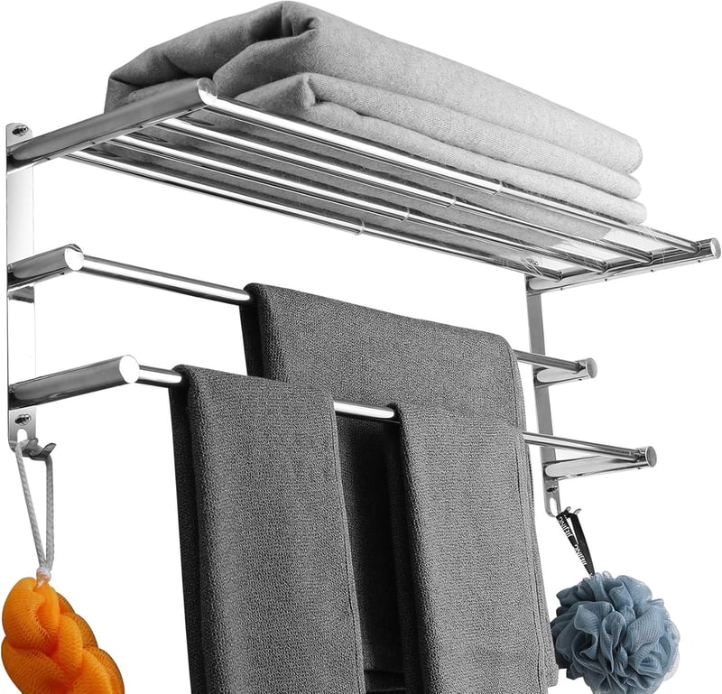 Kihúzható törölközőtartó polc, 43-78 cm, rozsdamentes acél, fúrás nélkül - 3 szintes