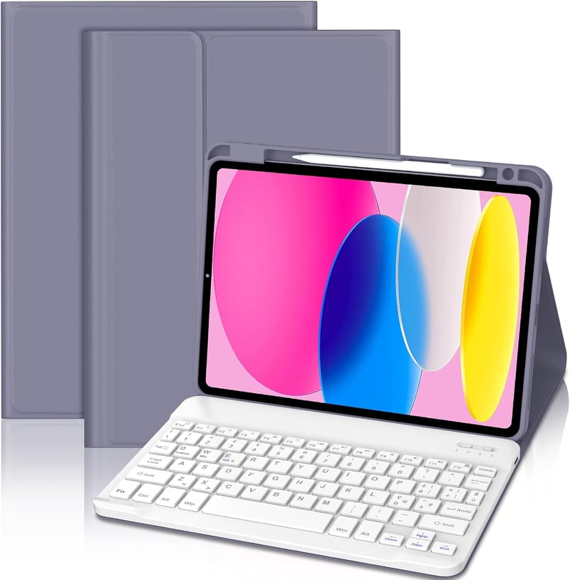 FOGARI iPad 10. Generációs Tok Háttérvilágítású Bluetooth Billentyűzettel, 10.9" Levehető Mágneses Billentyűzet, Apple Pencil Tartóval, Lila