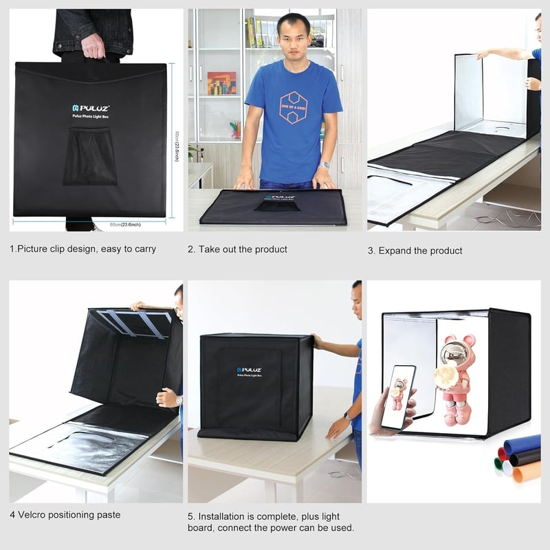 PULUZ Fotó Stúdió Fénydoboz 60x60x60 cm - Összecsukható Fotósátor 120 LED Világítással, 6 Háttérrel, Többszögű Fotózáshoz