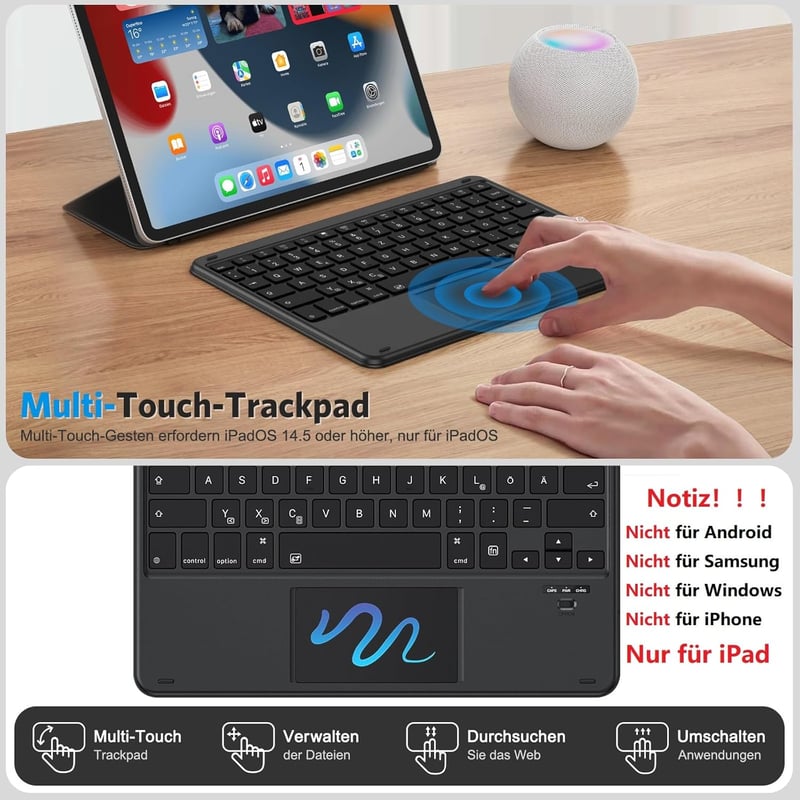Emetok Vezeték Nélküli Bluetooth Billentyűzet Trackpaddel, Német QWERTZ, iPad 10.9/10.2/9.7/Pro/Air/Mini Készülékekhez, Fekete