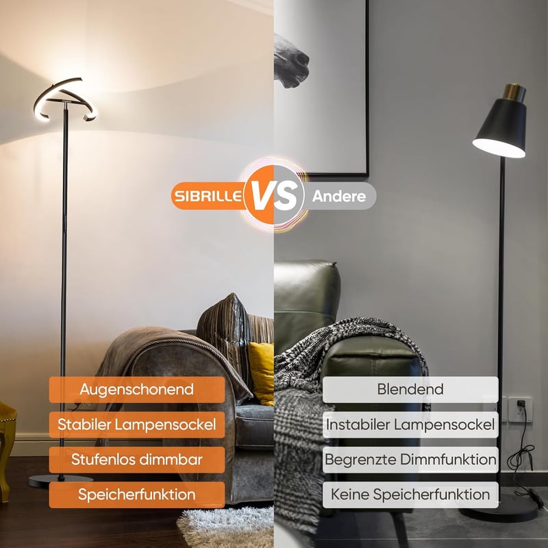 SIBRILLE Állólámpa LED 20W Fekete - Távirányítós Dimmelhető Érintésvezérelt Modern Mennyezeti Világítás 1300lm Meleg/Hideg Fehér Olvasólámpa