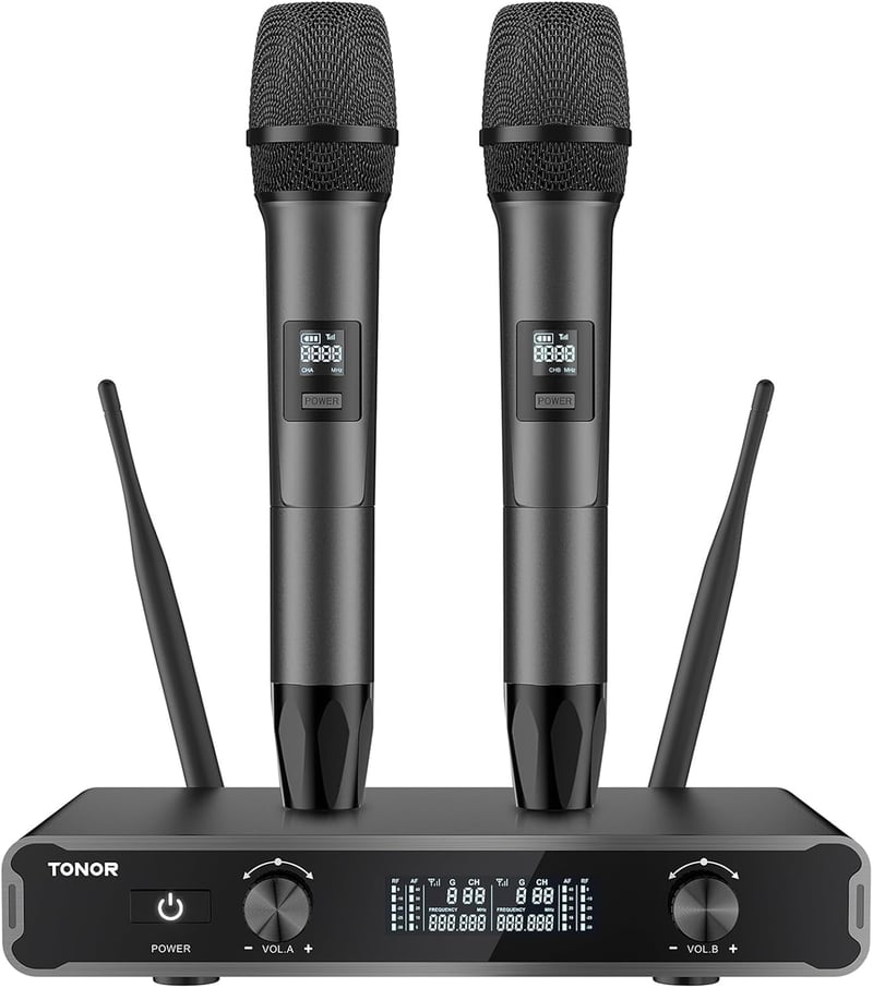 TONOR TW450 Vezeték Nélküli Mikrofon Szett - Duál Karaoke Mikrofon 60m Hatótávval, 5 Csatornával, Vevőegységgel Esküvőre, Előadásokhoz, Szür - Grey and grey