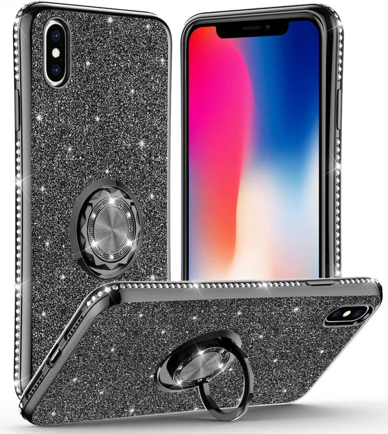 Apple iPhone X/XS Csillogó Fekete Gyűrűs Védőtok Glitterrel