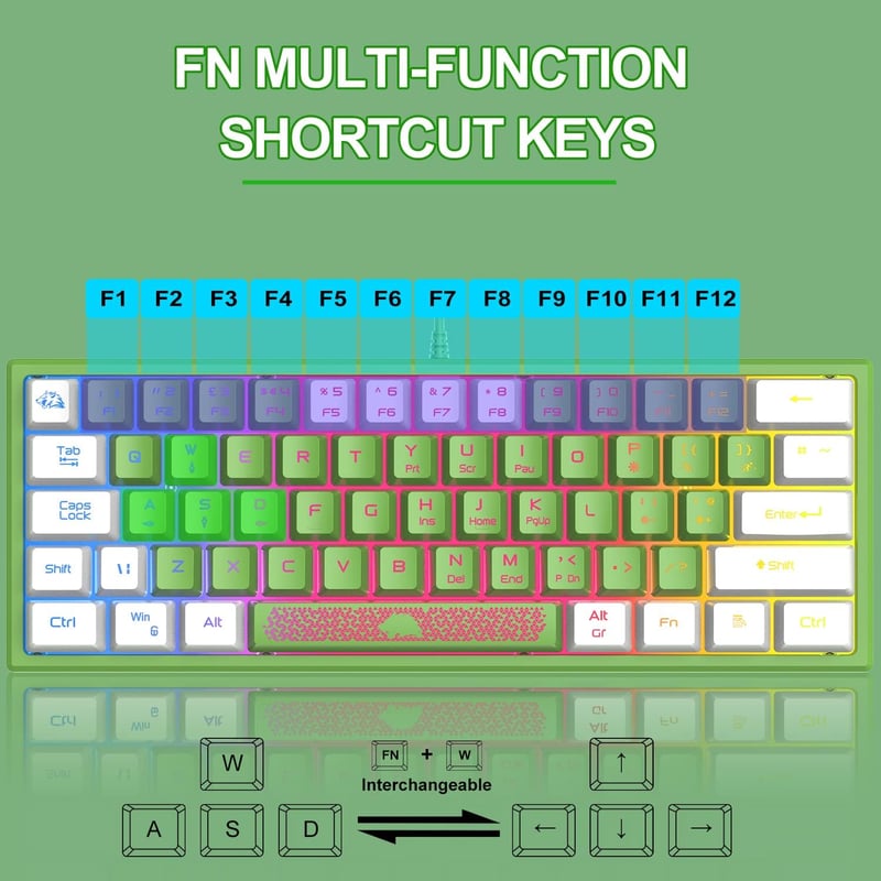 Redragon Mini 60% RGB Gamer Billentyűzet, Zöld-Fehér, QWERTY, PC/Mac