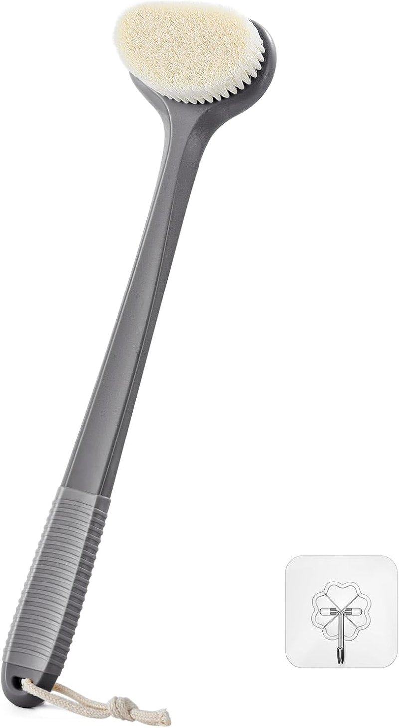 Hosszú nyelű hátkefe zuhanyzáshoz - 43 cm-es szürke testradírozó kefe férfiaknak és nőknek