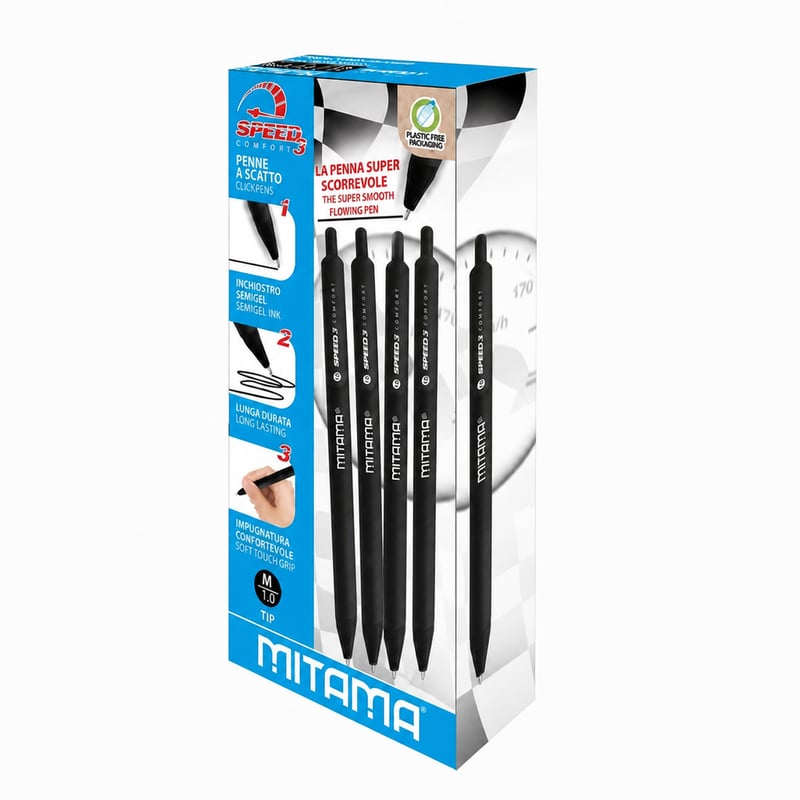 Pix cu buton Mitama Speed3 Comfort cu cerneală semi-gel neagră, vârf de 1,0 mm, pachet de 8 bucăți, plastic reciclat