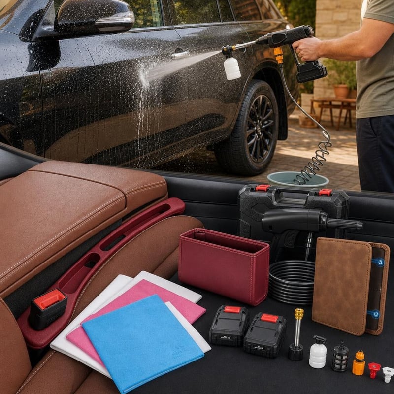 Veliki set za njegu automobila: visokotlačni perač + 4 krpe + 2 umetka za sjedalo + koš + etui