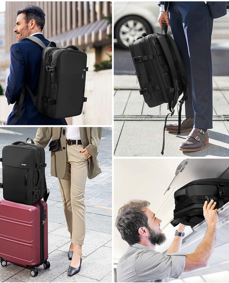 HOMIEE Kézipoggyász Hátizsák 15,6 Hüvelykes Laptophoz - Bővíthető, Lopásbiztos, Vízlepergető Utazó Táska, Repülőgépen Engedélyezett - Black