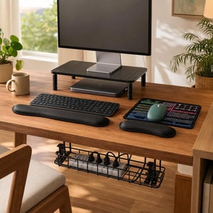 Set birou ergonomic: mouse wireless + 2 mousepad-uri + suport monitor + suport încheietură + organizator