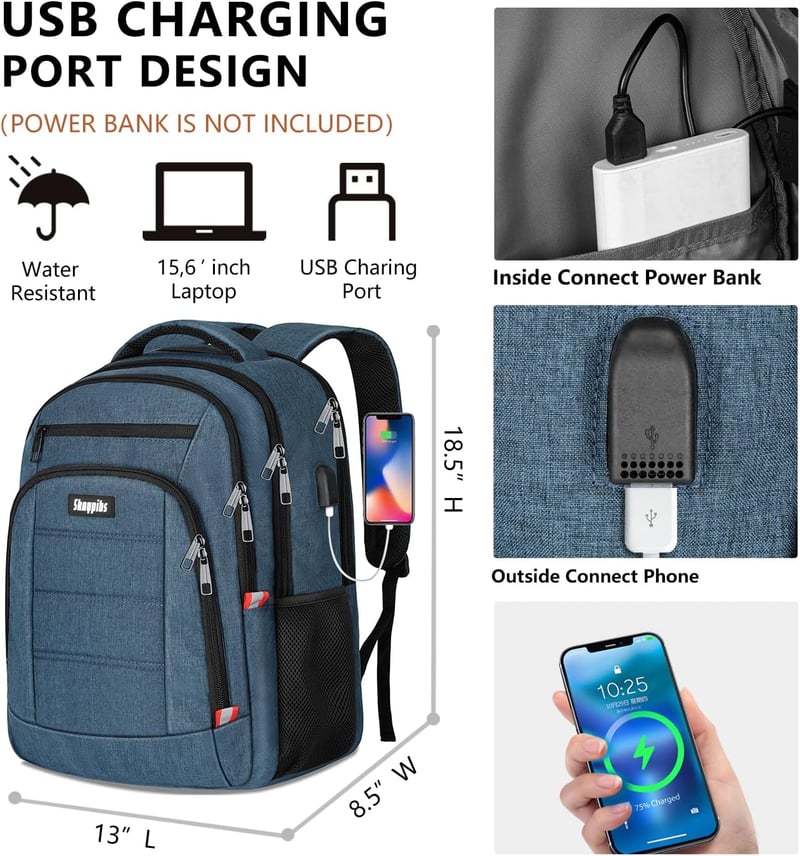 Vízálló 15,6" Laptoptartós Hátizsák USB-töltővel, Szürke