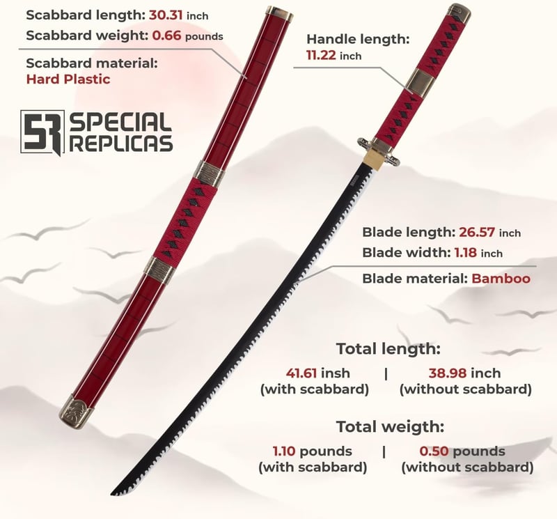 57 SPECIAL REPLICAS Roronoa Zoro Anime Katana Szett - One Piece Cosplay Bambusz Kard 105 cm, 3 db Katana Állvánnyal, Biztonságos Dekoráció