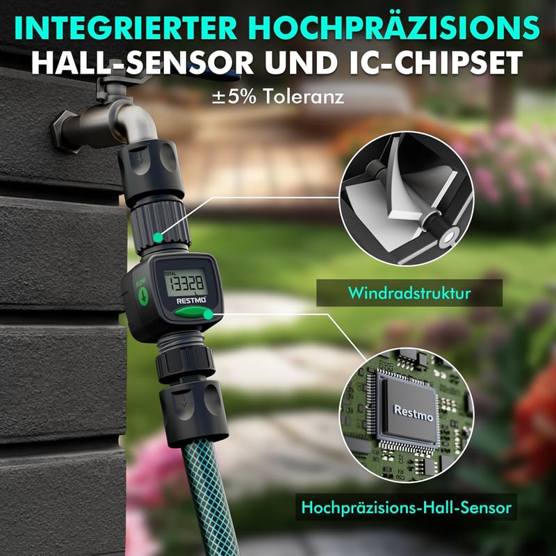 Restmo Vízóra - Nagy Pontosságú Vízfogyasztás és Áramlás Mérő LCD Kijelzővel, Gallonban/Literben - Kerti Locsoláshoz, Öntözőrendszerhez