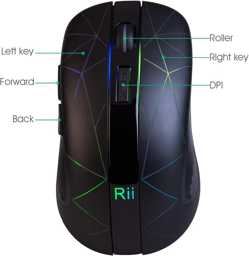 Rii Vezeték Nélküli Egér 2.4G USB Nano Vevővel, 7 LED Világítással, Optikai Szenzorral PC/Laptop/Mac/Linux Rendszerekhez, Fekete