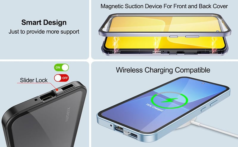 Xiaomi 14 mágneses tok - 360°-os átlátszó üveg védőtok alumínium kerettel, ezüst