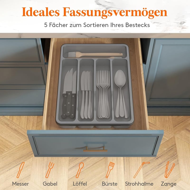 Lifewit Evőeszköztartó Fedéllel, 5 Rekeszes Műanyag Fiókrendező Konyhai Eszközökhöz, 23,5x32,3 cm, Szürke Evőeszköz Szervező Kés/Villa/Kanál