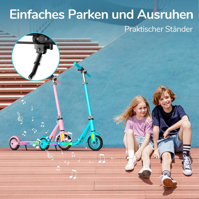 Escroll elektromos roller gyerekeknek 6+ - LED, Bluetooth, állítható magasság