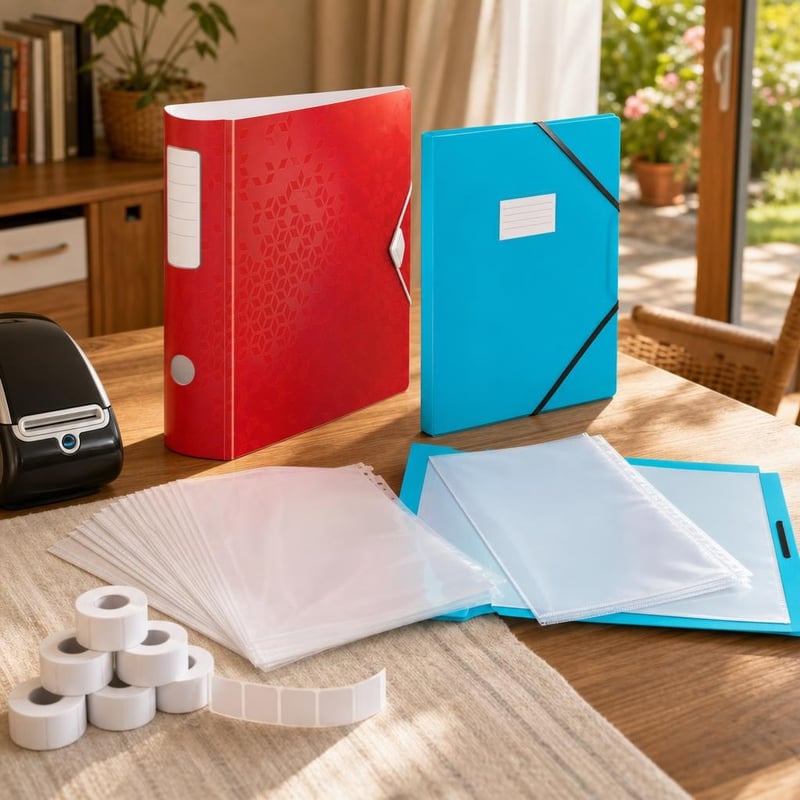Iratmentő rendszerező: 100 db iratfólia + gumis iratrendező + 60 zsebes mappa + 10 tekercs címke