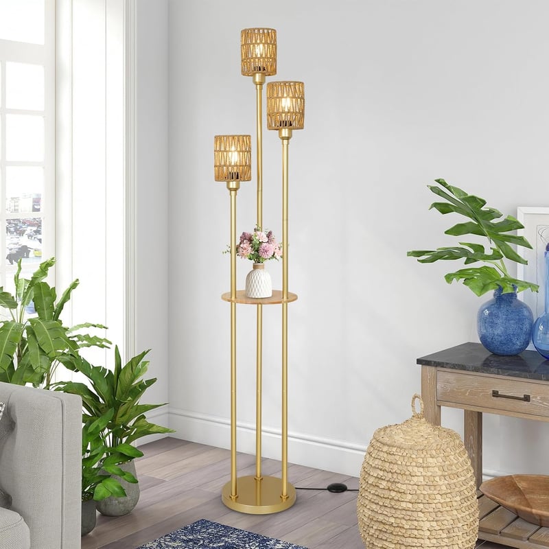Rayofly Modern Boho Állólámpa 3 Izzóval - Rattan Lámpaernyő, Polccal és Háromfokozatú Lábkapcsolóval - Tökéletes Hálószobába, Irodába, Nappa