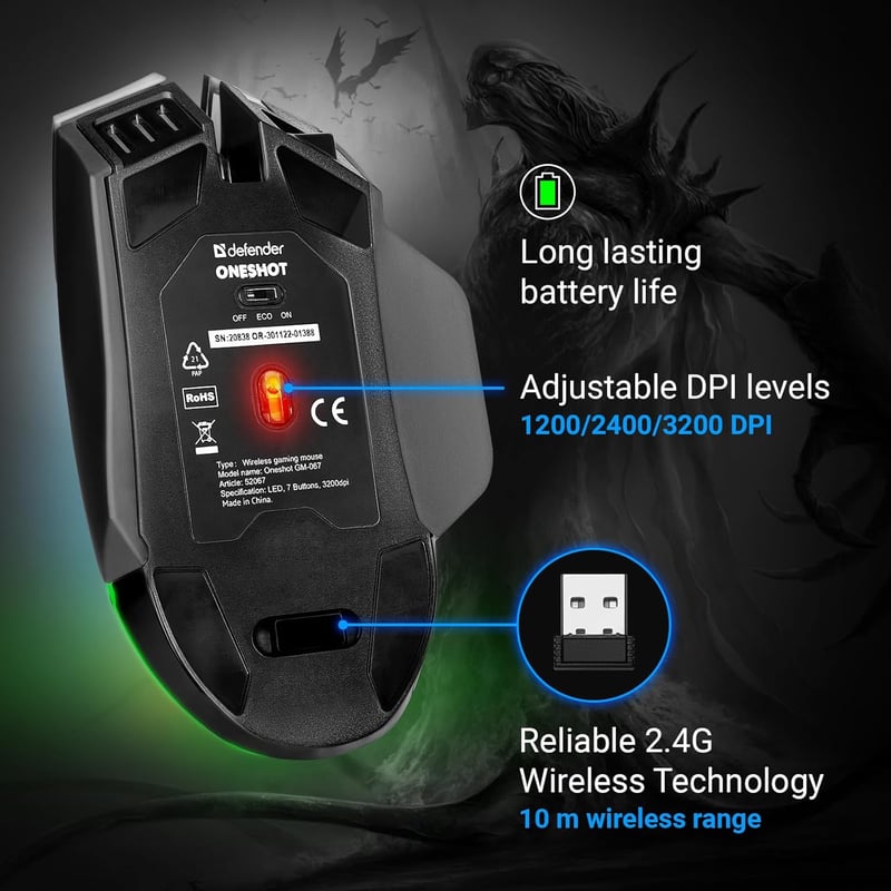 Defender Oneshot vezeték nélküli RGB gamer egér, 3200 DPI, 240 órás akkumulátor, fekete