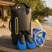 Plážový set na šnorchlovanie: 1× celotvárová maska + 1× krátke plutvy + 1× 20l vodotesný vak 1
