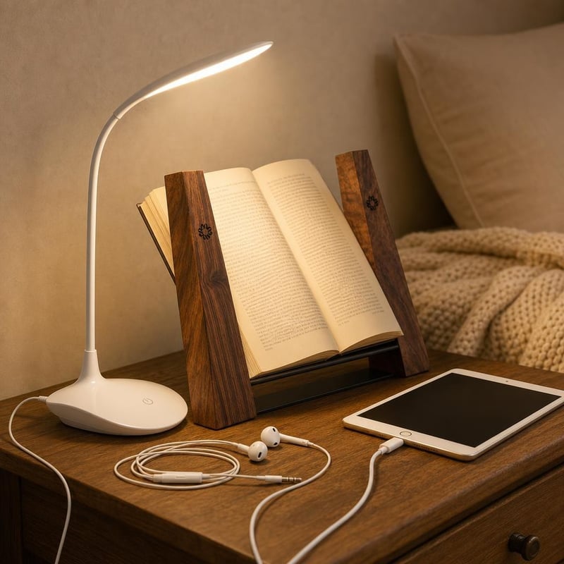 Večerný čitateľský kútik: LED lampa + 2x držiak na knihy + slúchadlá + Lightning kábel