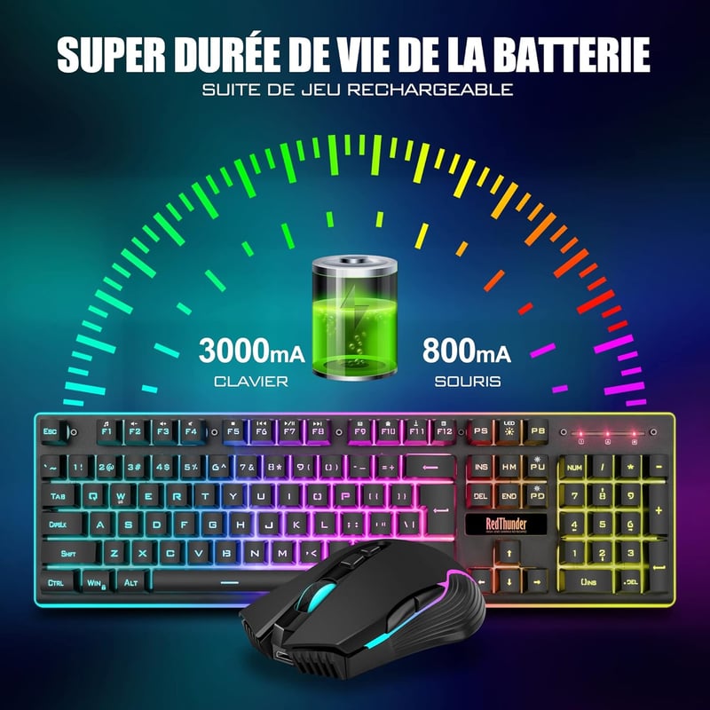 RedThunder K10 AZERTY Francia Vezeték Nélküli Billentyűzet és Egér Szett - Fekete, Lítium-Ion Akkumulátorral, Kompakt Kialakítás