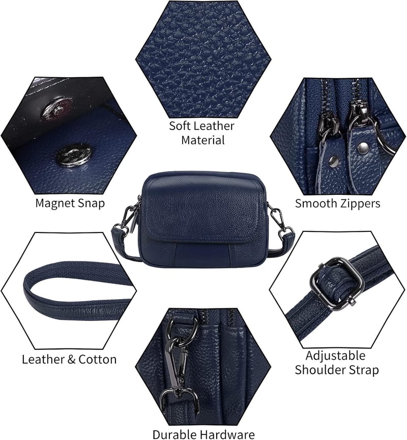 HAWEE Női Valódi Bőr Telefontartó Táska - Kék Elegáns Válltáska 3 Cipzárral, Állítható Pánttal, Mobiltartó Kis Méretű Crossbody

AI: I've cr