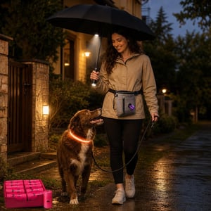 Bezpečná večerná prechádzka: LED dáždnik + USB LED obojok + 600 vreciek + taška na maškrty