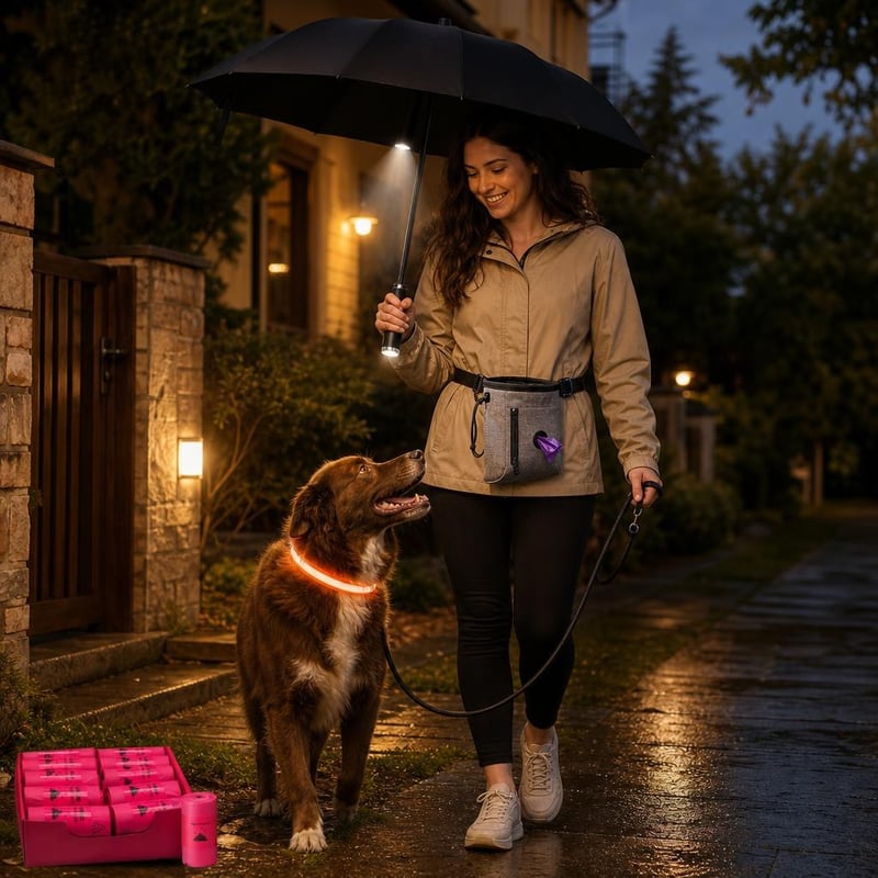 Bezpečná večerná prechádzka: LED dáždnik + USB LED obojok + 600 vreciek + taška na maškrty