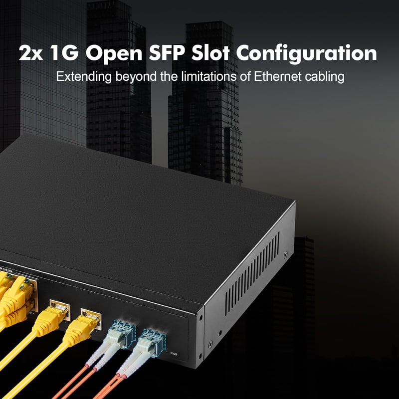 YuLinca 12 portos Gigabit PoE switch, 8 PoE+ port, 2 uplink, 2 SFP, 120W, ventilátor nélküli