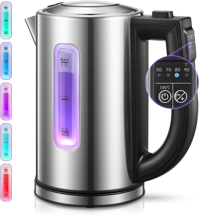 Színváltós LED-es vízforraló 2200W, 1,7L, 5 hőfokkal, melegen tartás funkcióval