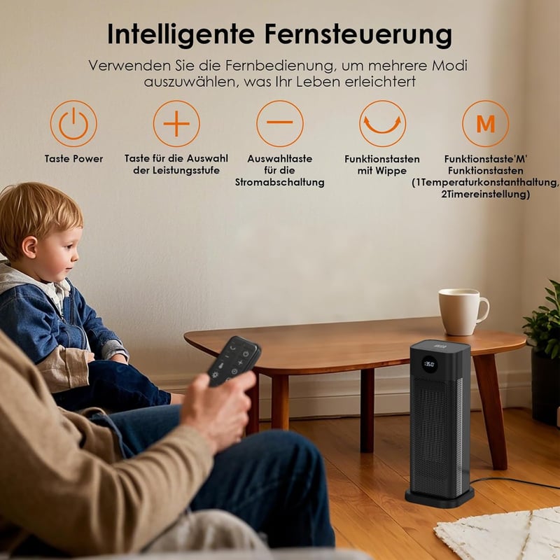 Minthouz 2000W PTC Kerámia Hősugárzó - Energiatakarékos Ventilátoros Fűtőtest Távirányítóval, LED Kijelzővel, 70° Oszcillációval és 12 Órás 