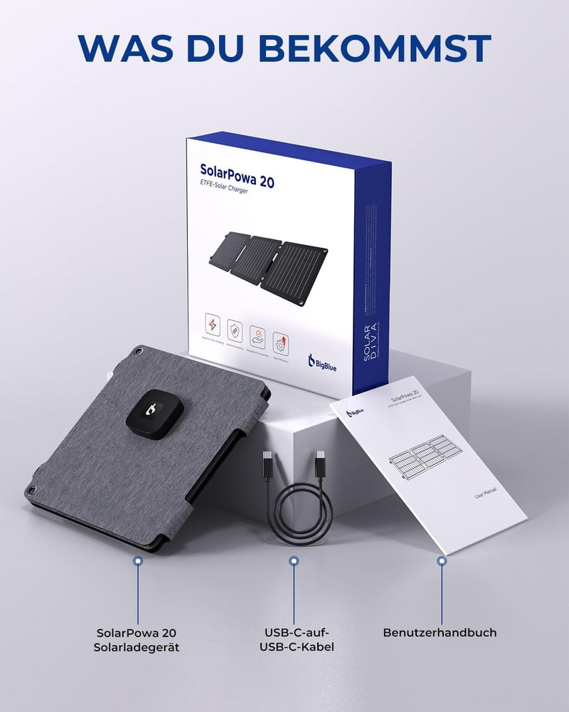 BigBlue Solarpowa 20W ETFE Összehajtható Napelemes Töltő, USB-A és USB-C Csatlakozóval, IP65 Vízálló, Állvánnyal, Mobiltelefon és Tablet Kom