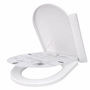 WC sedadlo LOBENSWERK, tvar D, pomalé sklápanie, antibakteriálne, odolné voči UV žiareniu — chybné, čiastočne funkčné: prasknutý kryt (stav: pozri 2. obrázok)