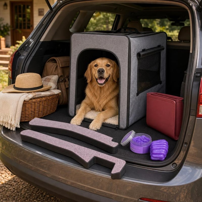 Pachet aventură auto cu câinele: 2x inserții scaun + cușcă transport + gel curățare + coș auto