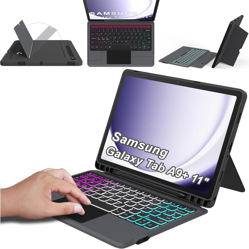 Samsung Galaxy Tab A9+ tok QWERTZ billentyűzettel - 7 színű háttérvilágítás, trackpad, állvány (11")