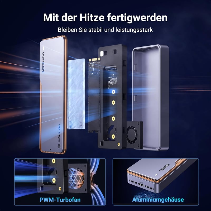 UGREEN USB 4 M2 Ház 40Gbps NVMe Külső SSD Adapter Hatékony Hűtéssel, 8TB Kapacitás, MacBook Pro M4/M4 Pro/Max és HP Celeron N4120 Kompatibil