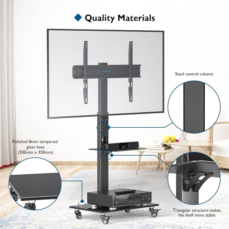 BONTEC Gurulós TV Állvány 30-70 Colos Képernyőkhöz, 40 kg Teherbírással, 6 Magasságállítással, 2 Edzett Üvegpolccal, VESA 600x400 mm
