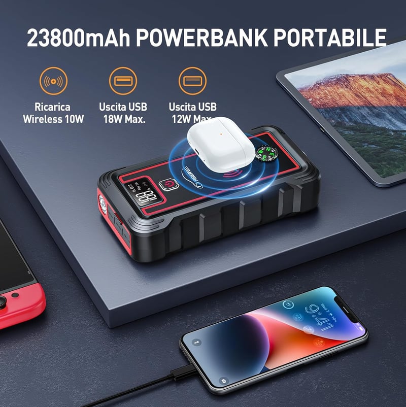 YABER 2500A 23800mAh Autós Bikázó Akkumulátor Indító - Vízálló, 8.0L Benzin/Dízel Járművekhez, LED Lámpa, Type-C, EC-5, Vezeték Nélküli Tölt