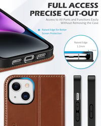 iPhone 14 Valódi Bőr Flip Tok RFID Védelemmel - SHIELDON Retro Barna 5
