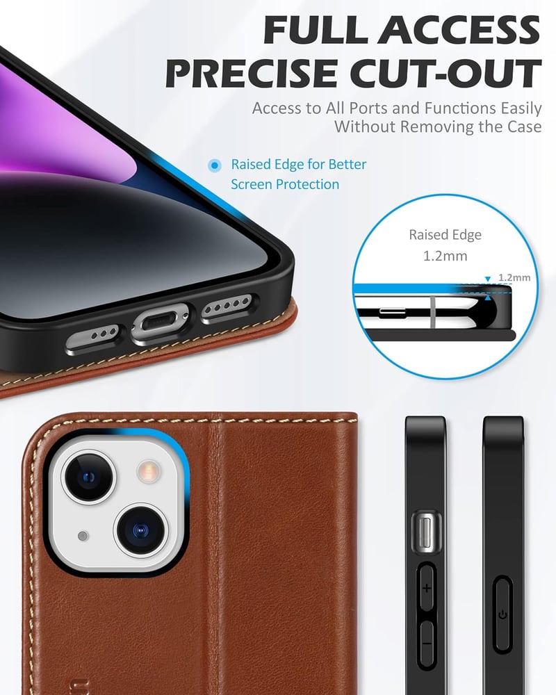iPhone 14 Valódi Bőr Flip Tok RFID Védelemmel - SHIELDON Retro Barna