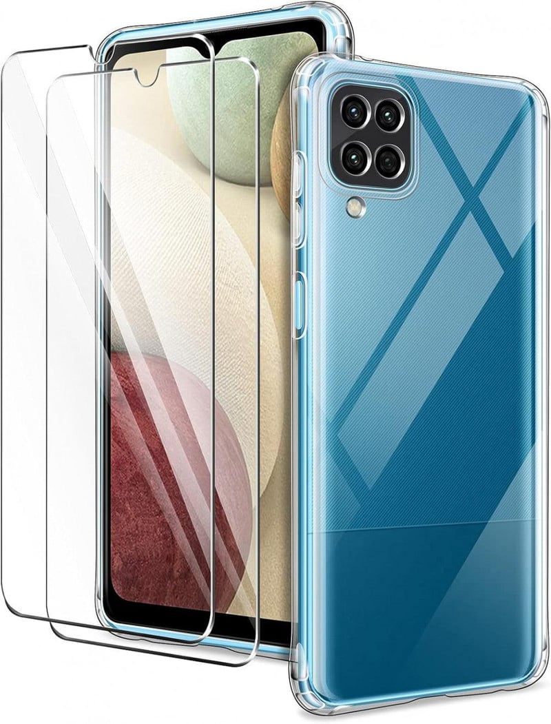 Samsung Galaxy A12 Átlátszó Ütésálló Tok + 2db Üvegfólia, Glitteres Díszítéssel