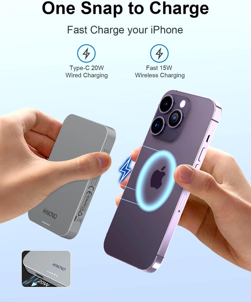 HINOVO MagSafe Powerbank 10000mAh - 20W PD Gyorstöltés iPhone 15/14/13/12 Sorozathoz, Vezeték Nélküli Fém Külső Akkumulátor