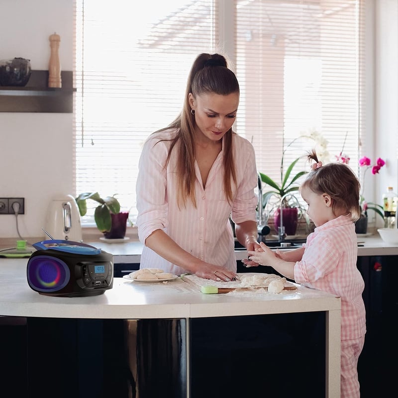 KLIM Boombox Hordozható CD Lejátszó - FM Rádió, Bluetooth, MP3, USB, AUX - Újratölthető Akkumulátor, Kompakt Kialakítás, RGB Világítás - Kék