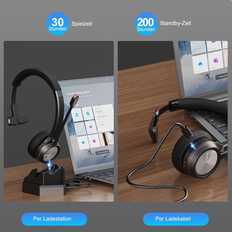 Beebang Vezeték Nélküli Headset, Mono Bluetooth 5.2 Mikrofonos Fejhallgató USB Adapterrel PC-hez, 30 Órás Üzemidő, Mac, Skype, Teams, Zoom K