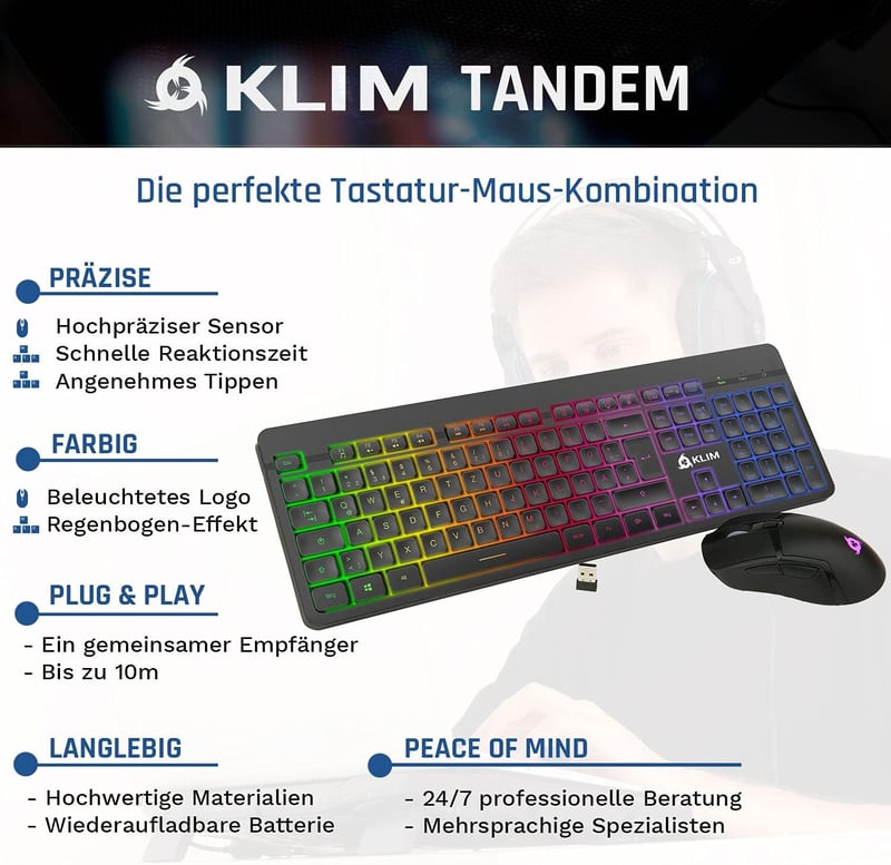 KLIM Tandem Vezeték Nélküli Gamer Billentyűzet és Egér Szett QWERTZ - Vékony, Tartós, Ergonomikus - PC, Mac, Xbox, PS4, PS5 Kompatibilis