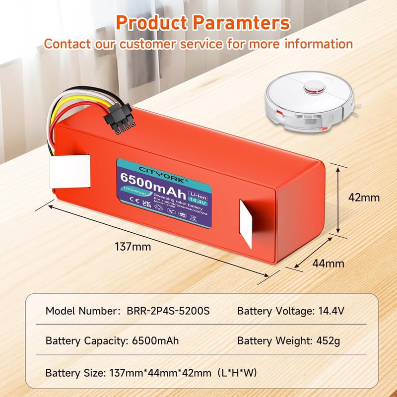 CITYORK Li-ion Pótakkumulátor Roborock S7 S6 S5 S50 Max/MaxV/Ultra és Xiaomi Robotporszívókhoz - 6500 mAh Nagykapacitású Akkumulátor Q5 Q7 M